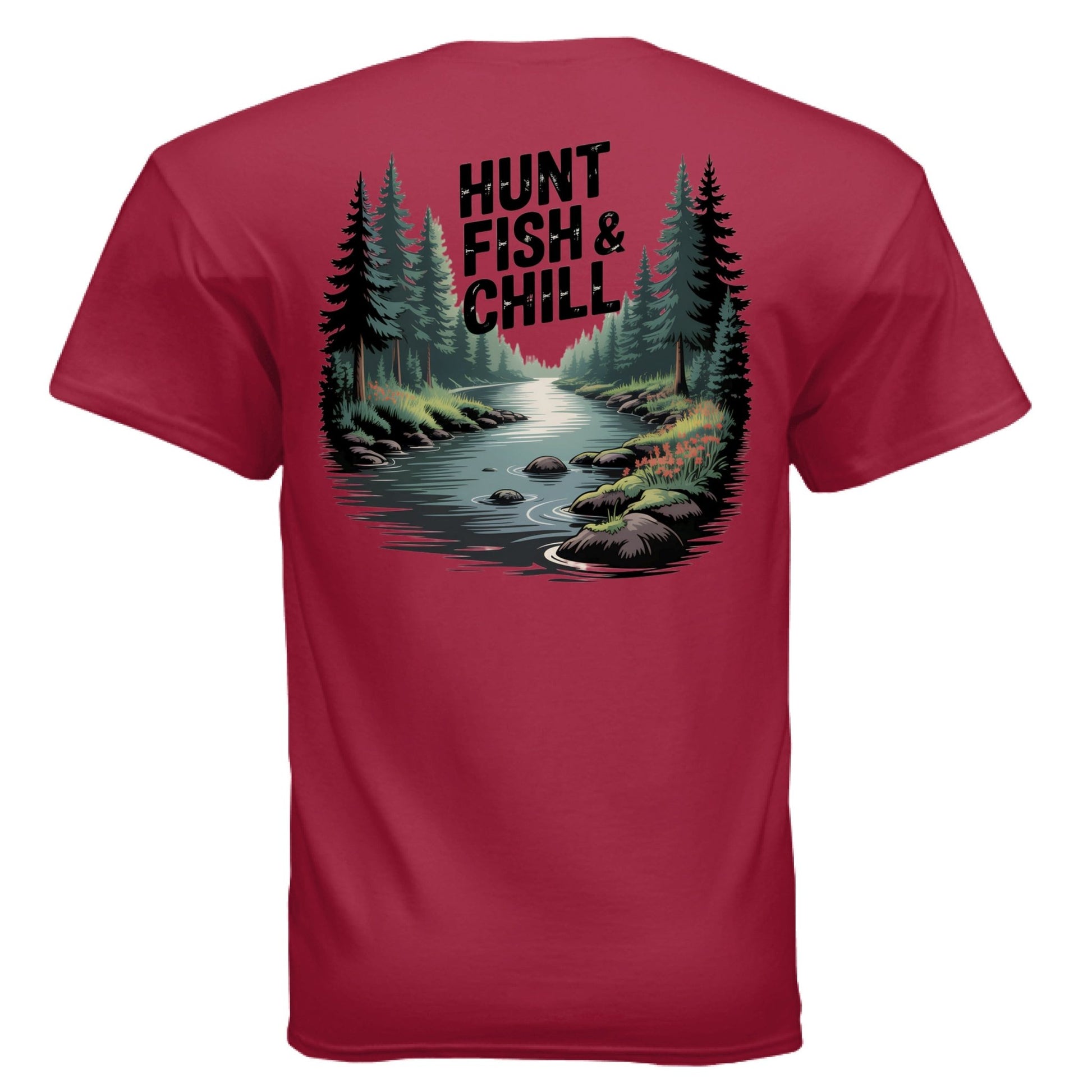 Hunt Fish & Chill – Relaxed Outdoorsman Graphic Tee | Fishing & Hunting Lifestyle Shirt – CHERRY RED T-Shirt for Apparel (5 view)