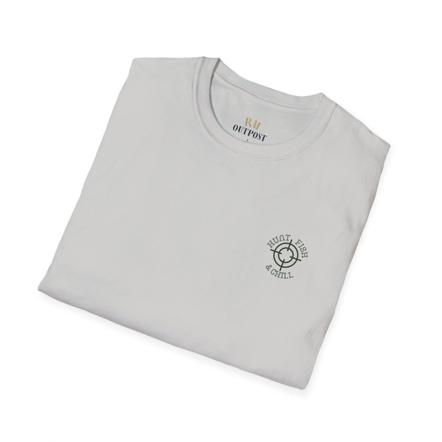 Hunt Fish & Chill T-Shirt – Premium Outdoors Badge Tee | Camping, Fishing, Hunting Apparel – Ice Grey T-Shirt for Adventure Clothing (8 view)