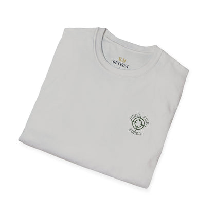 Hunt Fish & Chill T-Shirt – Premium Outdoors Badge Tee | Camping, Fishing, Hunting Apparel – Ice Grey T-Shirt for Adventure Clothing (8 view)
