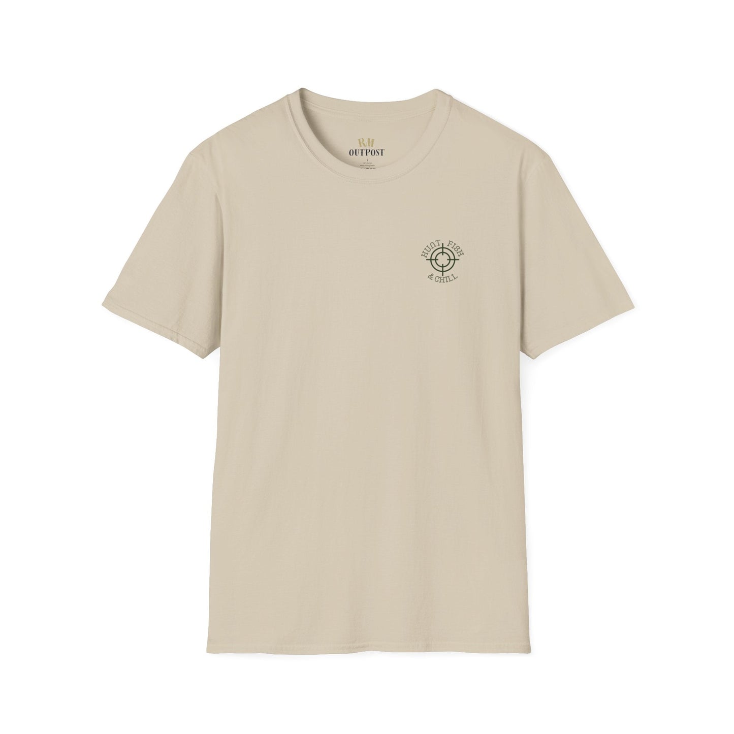 Hunt Fish & Chill T-Shirt – Premium Outdoors Badge Tee | Camping, Fishing, Hunting Apparel – Sand T-Shirt for Adventure Clothing (1 view)