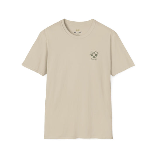 Hunt Fish & Chill T-Shirt – Premium Outdoors Badge Tee | Camping, Fishing, Hunting Apparel – Sand T-Shirt for Adventure Clothing (1 view)