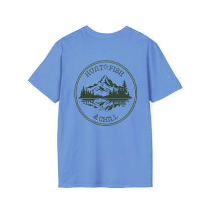 Hunt Fish & Chill T-Shirt – Premium Outdoors Badge Tee | Camping, Fishing, Hunting Apparel – Light Blue T-Shirt for Adventure Clothing (33 view)