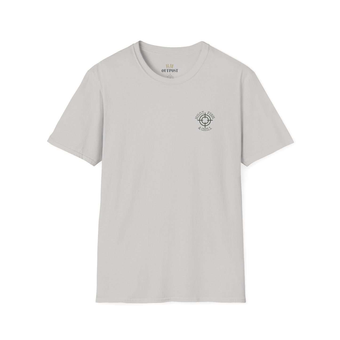 Hunt Fish & Chill T-Shirt – Premium Outdoors Badge Tee | Camping, Fishing, Hunting Apparel – Ice Grey T-Shirt for Adventure Clothing (5 view)