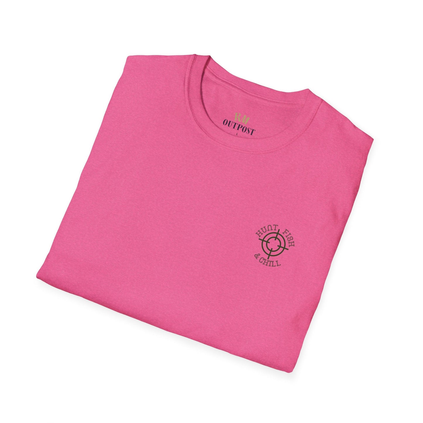 Hunt Fish & Chill T-Shirt – Premium Outdoors Badge Tee | Camping, Fishing, Hunting Apparel – Heather Heliconia T-Shirt for Adventure Clothing (56 view)