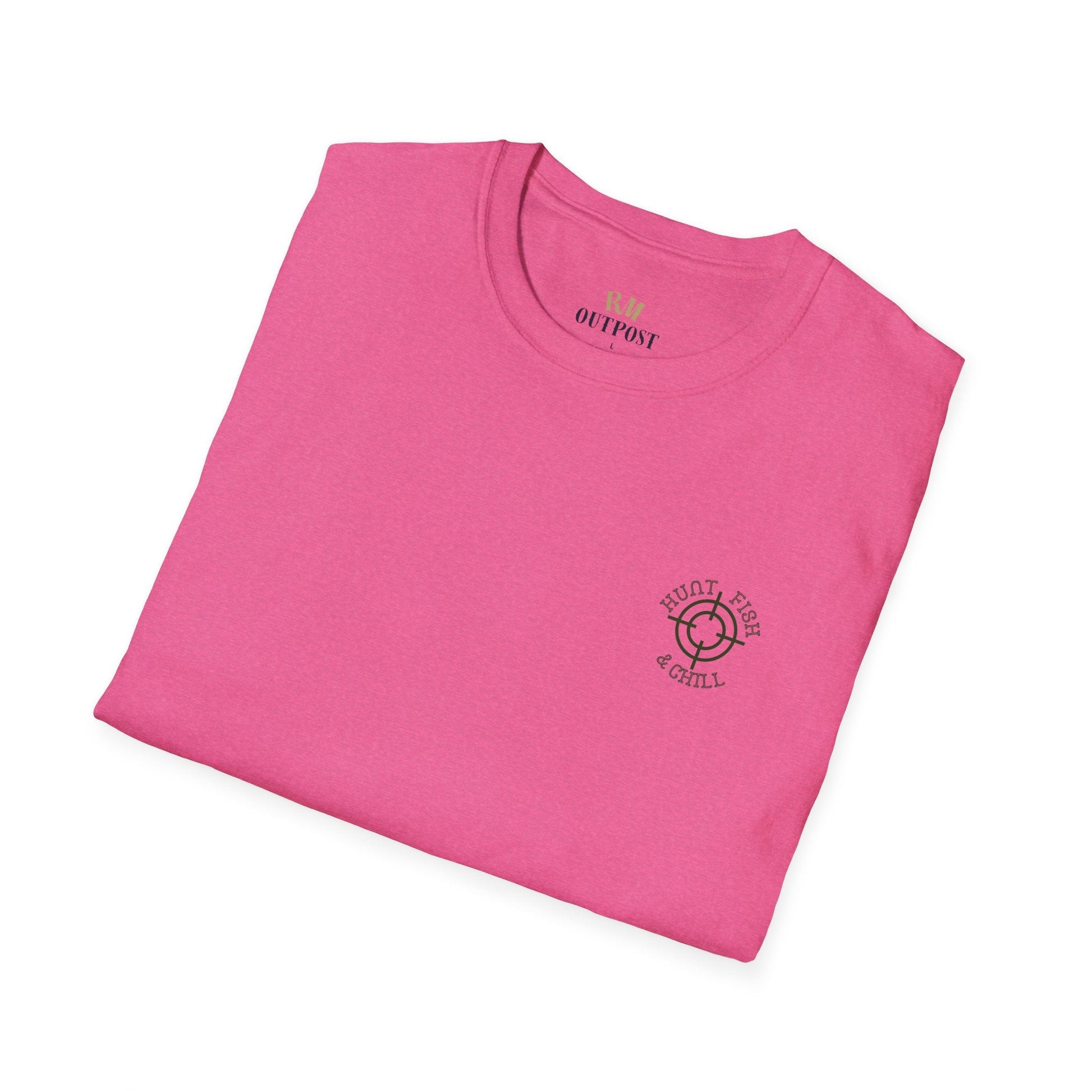 Hunt Fish & Chill T-Shirt – Premium Outdoors Badge Tee | Camping, Fishing, Hunting Apparel – Heather Heliconia T-Shirt for Adventure Clothing (56 view)