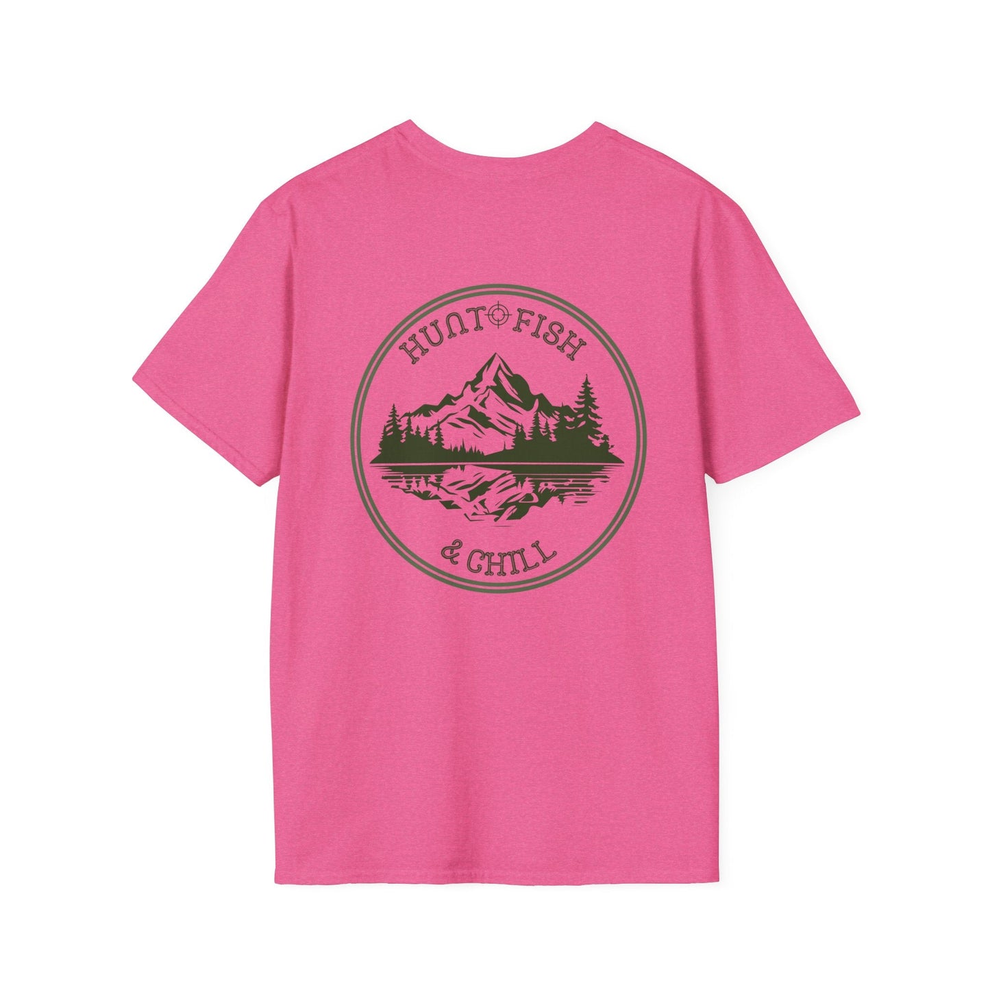 Hunt Fish & Chill T-Shirt – Premium Outdoors Badge Tee | Camping, Fishing, Hunting Apparel – Heather Heliconia T-Shirt for Adventure Clothing (54 view)