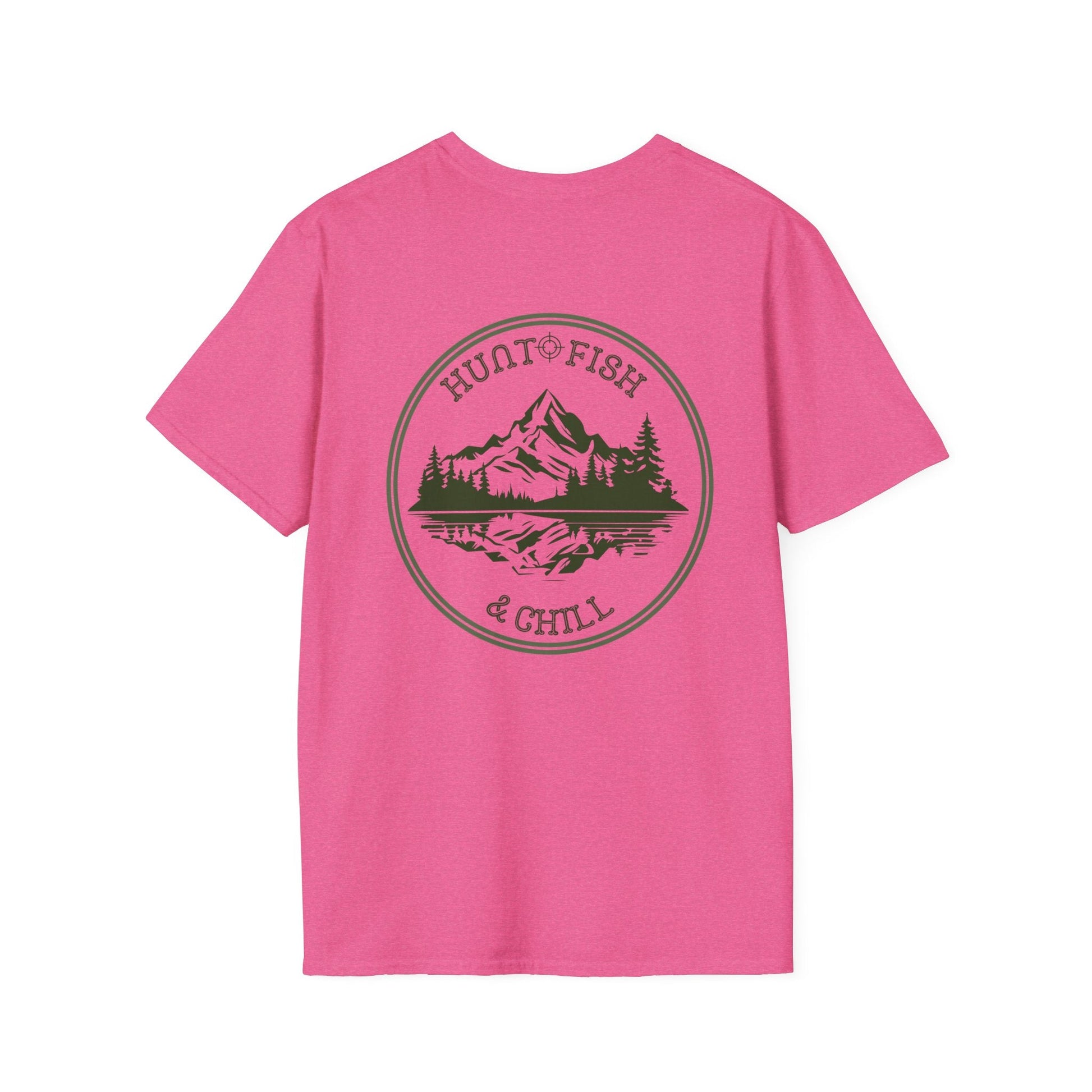 Hunt Fish & Chill T-Shirt – Premium Outdoors Badge Tee | Camping, Fishing, Hunting Apparel – Heather Heliconia T-Shirt for Adventure Clothing (54 view)