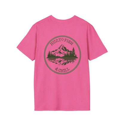 Hunt Fish & Chill T-Shirt – Premium Outdoors Badge Tee | Camping, Fishing, Hunting Apparel – Heather Heliconia T-Shirt for Adventure Clothing (54 view)