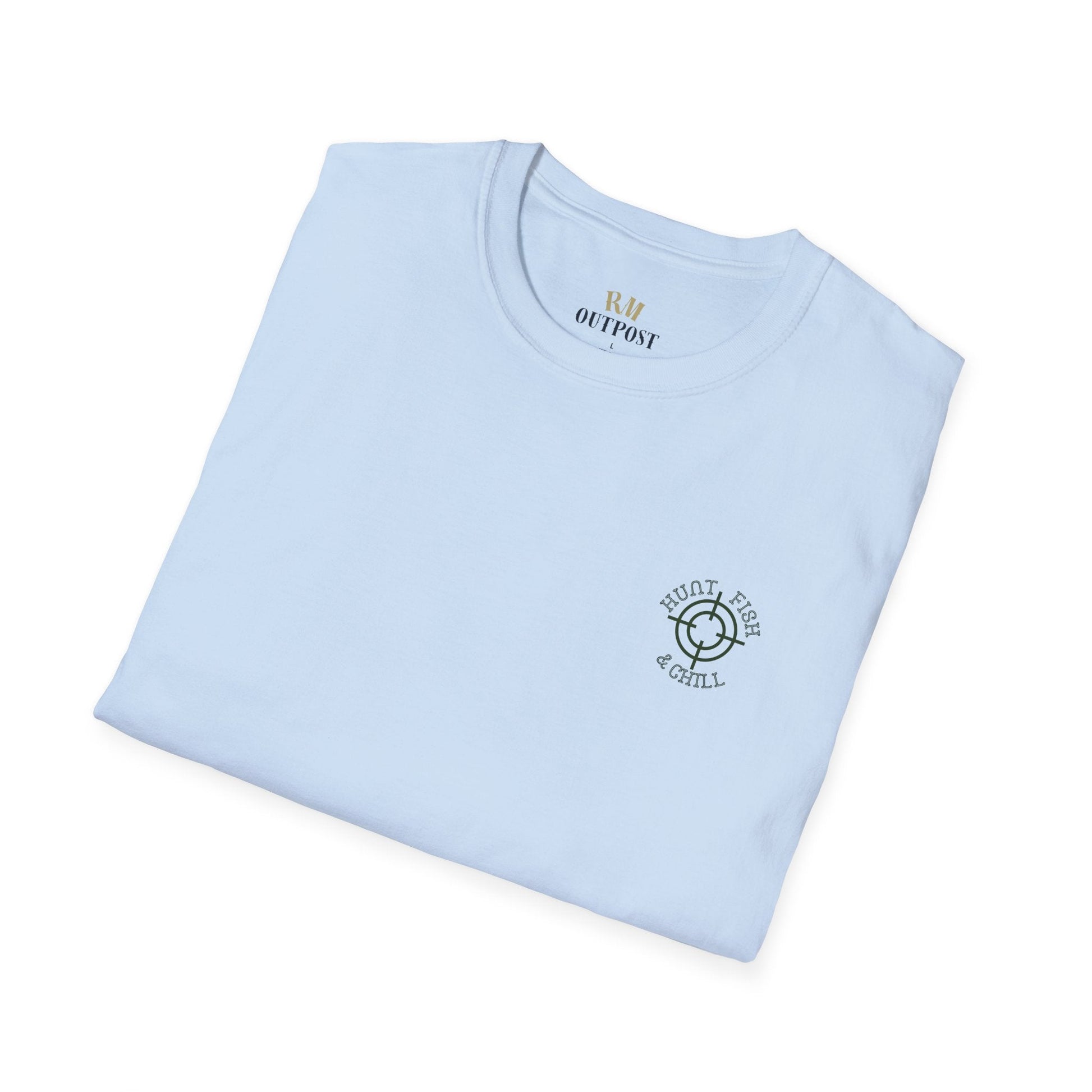 Hunt Fish & Chill T-Shirt – Premium Outdoors Badge Tee | Camping, Fishing, Hunting Apparel – Heather Galapagos Blue T-Shirt for Adventure Clothing (30 view)