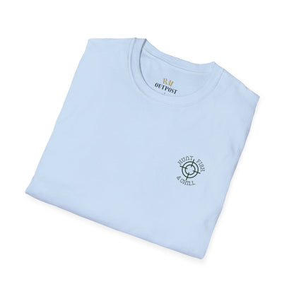 Hunt Fish & Chill T-Shirt – Premium Outdoors Badge Tee | Camping, Fishing, Hunting Apparel – Heather Galapagos Blue T-Shirt for Adventure Clothing (30 view)