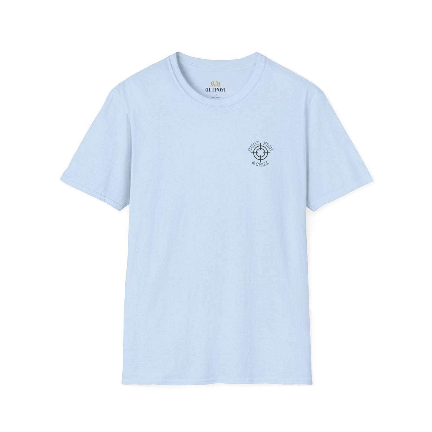 Hunt Fish & Chill T-Shirt – Premium Outdoors Badge Tee | Camping, Fishing, Hunting Apparel – Light Blue T-Shirt for Adventure Clothing (32 view)