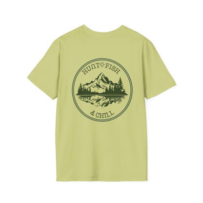 Hunt Fish & Chill T-Shirt – Premium Outdoors Badge Tee | Camping, Fishing, Hunting Apparel – Cornsilk T-Shirt for Adventure Clothing (17 view)