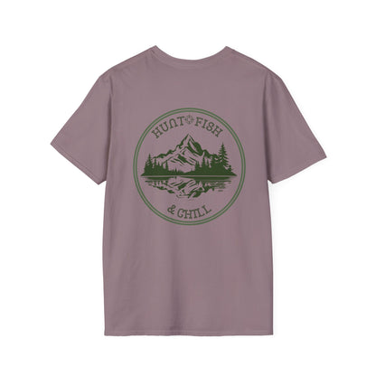 Hunt Fish & Chill T-Shirt – Premium Outdoors Badge Tee | Camping, Fishing, Hunting Apparel – Stone Blue T-Shirt for Adventure Clothing (45 view)