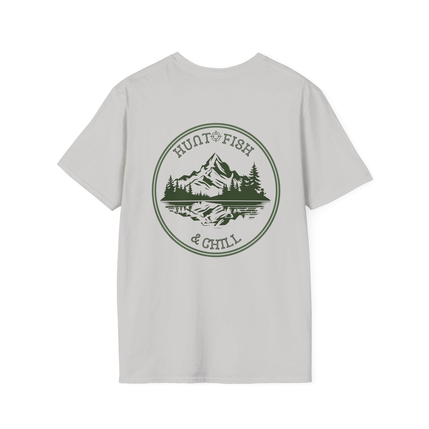 Hunt Fish & Chill T-Shirt – Premium Outdoors Badge Tee | Camping, Fishing, Hunting Apparel – Ice Grey T-Shirt for Adventure Clothing (6 view)