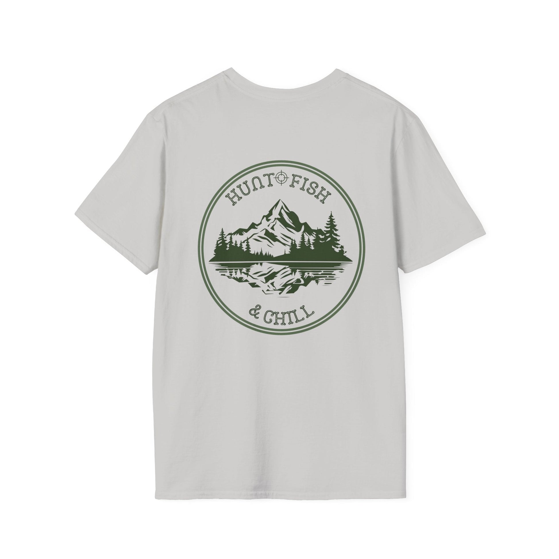 Hunt Fish & Chill T-Shirt – Premium Outdoors Badge Tee | Camping, Fishing, Hunting Apparel – Ice Grey T-Shirt for Adventure Clothing (6 view)