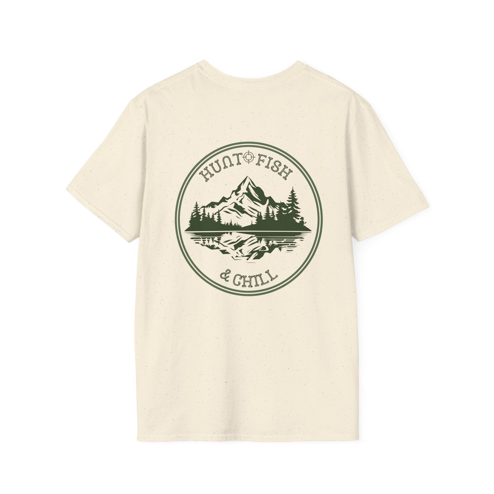 Hunt Fish & Chill T-Shirt – Premium Outdoors Badge Tee | Camping, Fishing, Hunting Apparel – Ice Grey T-Shirt for Adventure Clothing (9 view)
