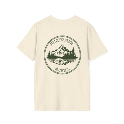 Hunt Fish & Chill T-Shirt – Premium Outdoors Badge Tee | Camping, Fishing, Hunting Apparel – Ice Grey T-Shirt for Adventure Clothing (9 view)