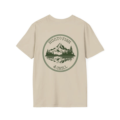 Hunt Fish & Chill T-Shirt – Premium Outdoors Badge Tee | Camping, Fishing, Hunting Apparel – Sand T-Shirt for Adventure Clothing (2 view)