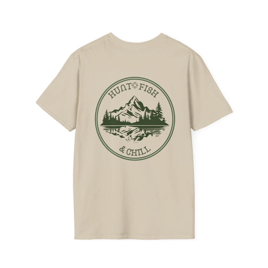 Hunt Fish & Chill T-Shirt – Premium Outdoors Badge Tee | Camping, Fishing, Hunting Apparel – Sand T-Shirt for Adventure Clothing (2 view)