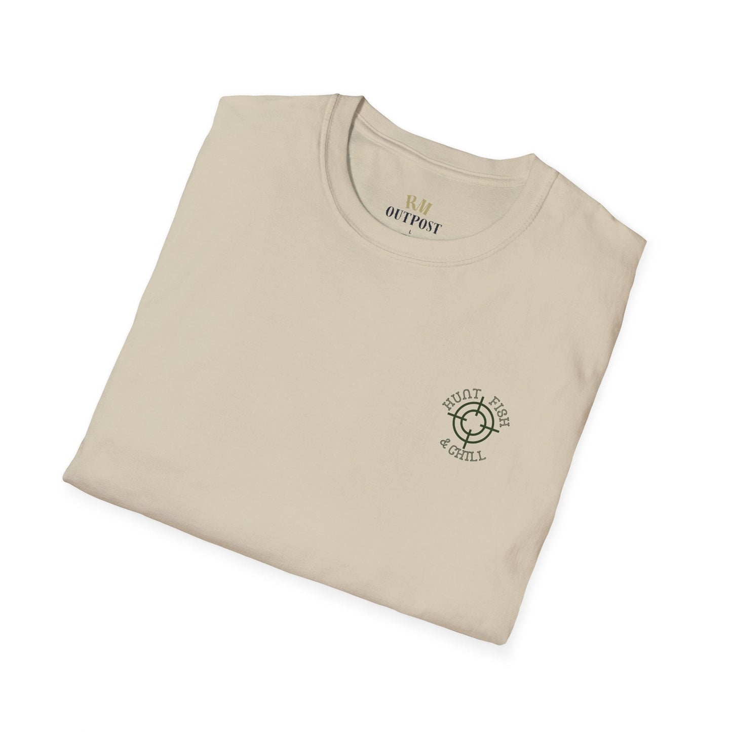 Hunt Fish & Chill T-Shirt – Premium Outdoors Badge Tee | Camping, Fishing, Hunting Apparel – Sand T-Shirt for Adventure Clothing (4 view)