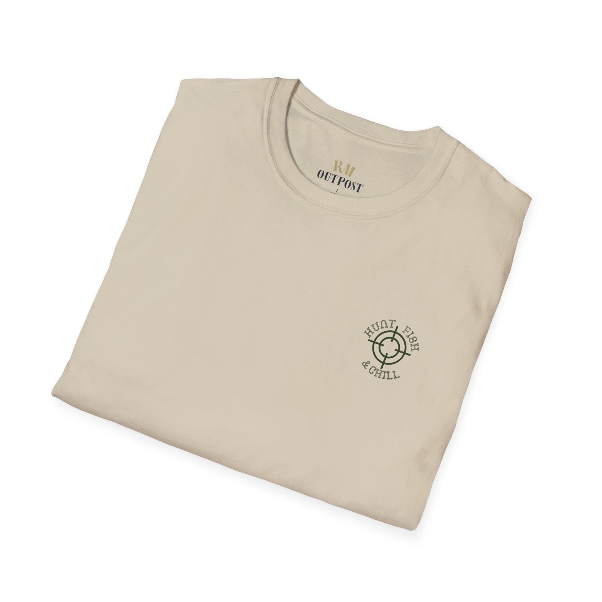 Hunt Fish & Chill T-Shirt – Premium Outdoors Badge Tee | Camping, Fishing, Hunting Apparel – Sand T-Shirt for Adventure Clothing (4 view)