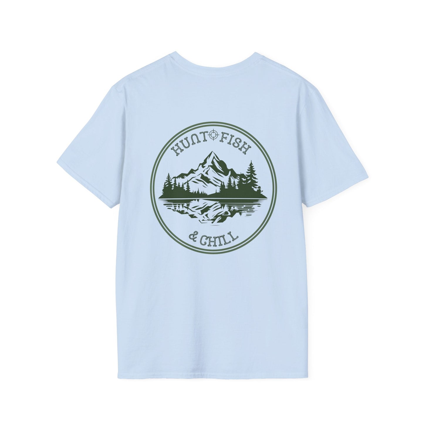 Hunt Fish & Chill T-Shirt – Premium Outdoors Badge Tee | Camping, Fishing, Hunting Apparel – Heather Galapagos Blue T-Shirt for Adventure Clothing (29 view)