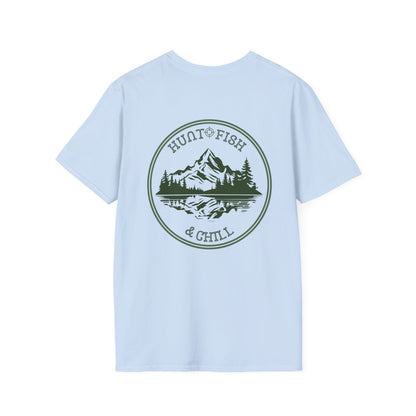 Hunt Fish & Chill T-Shirt – Premium Outdoors Badge Tee | Camping, Fishing, Hunting Apparel – Heather Galapagos Blue T-Shirt for Adventure Clothing (29 view)