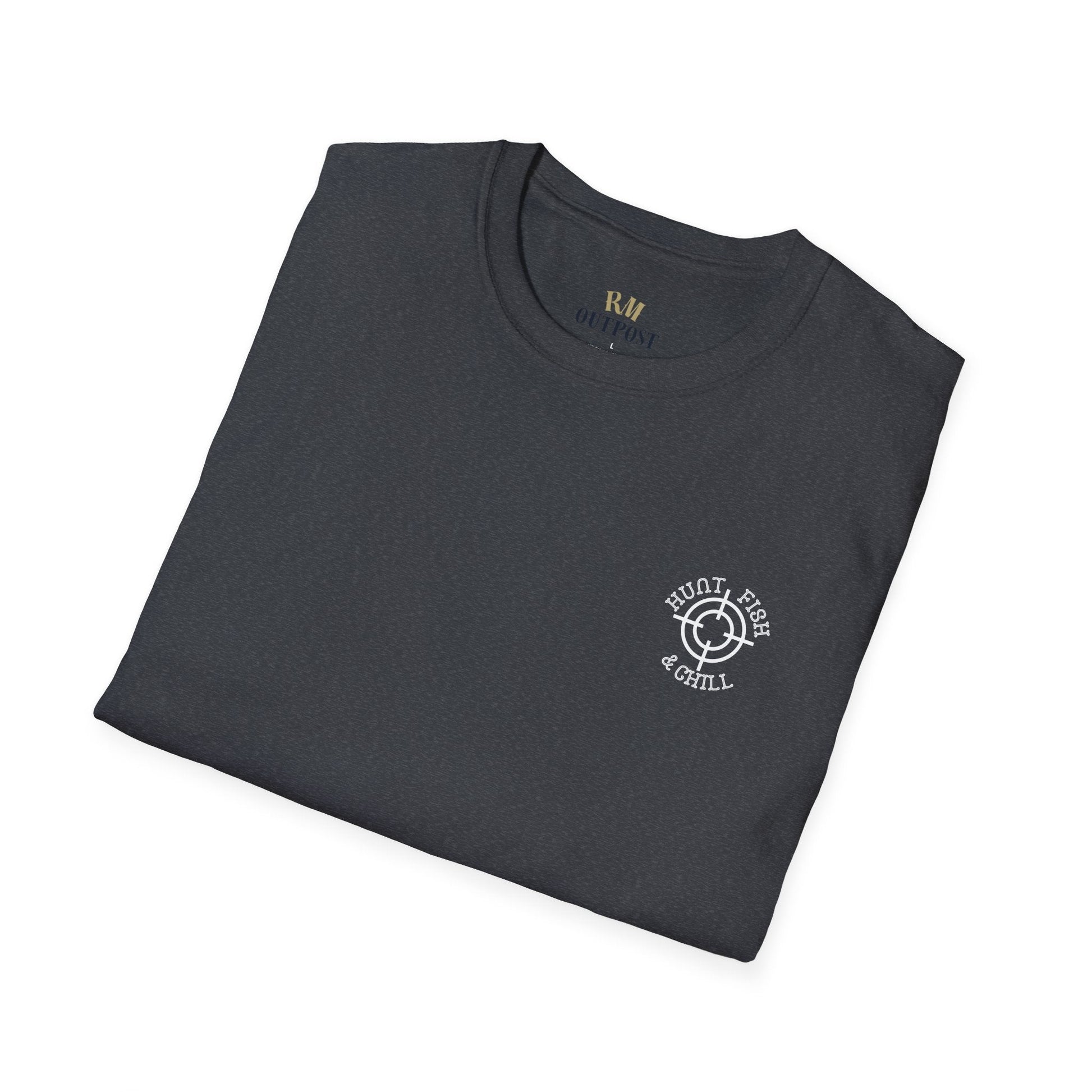 Hunt Fish & Chill T-Shirt White Logo – Premium Outdoors Badge Tee | Camping, Fishing, Hunting Apparel – Dark Heather Grey T-Shirt for Adventure Clothing (44 view)