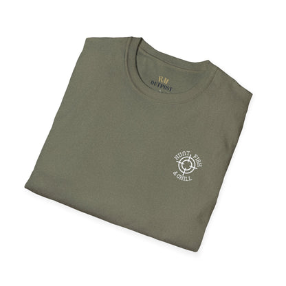 Hunt Fish & Chill T-Shirt White Logo – Premium Outdoors Badge Tee | Camping, Fishing, Hunting Apparel – Heather Military Green T-Shirt for Adventure Clothing (8 view)