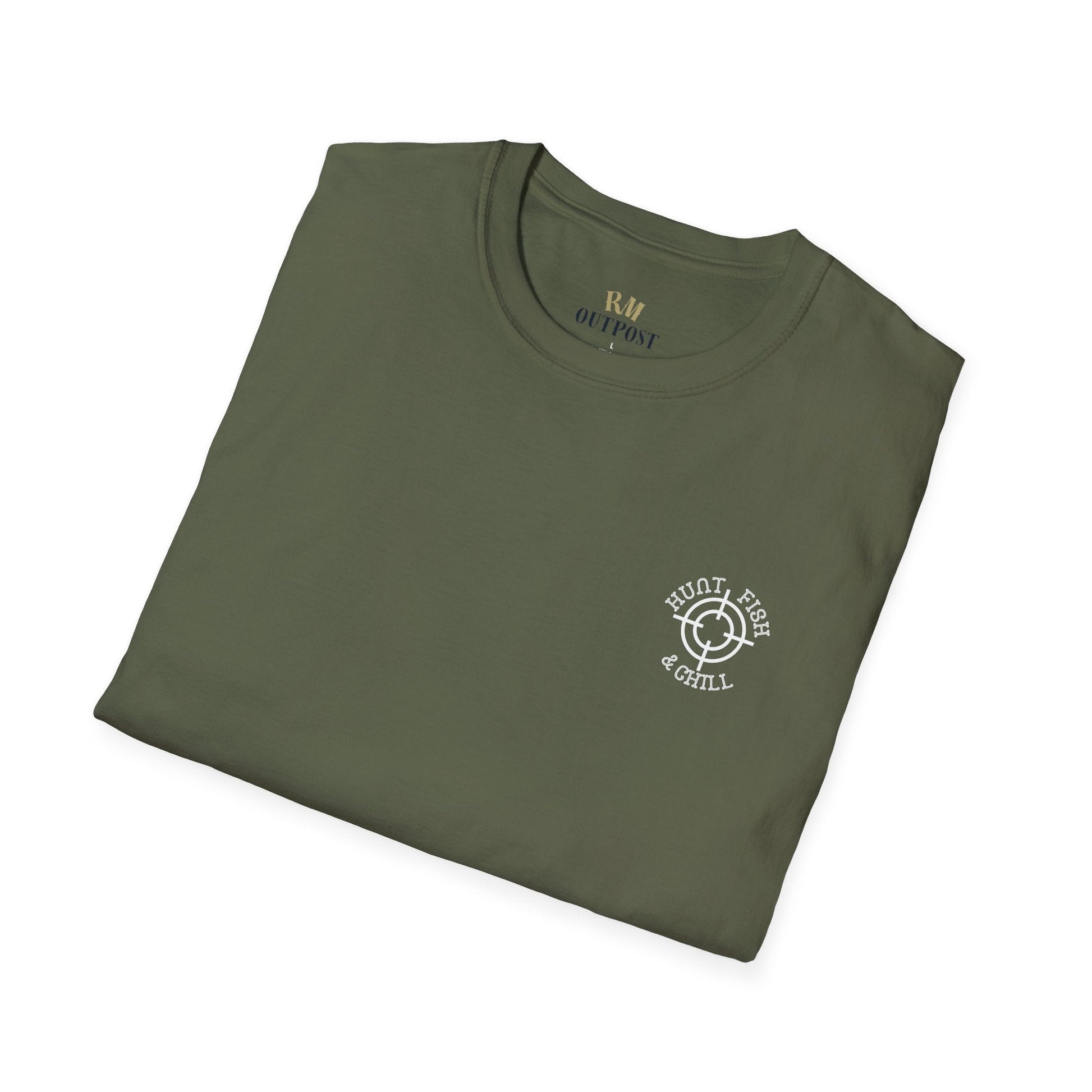 Hunt Fish & Chill T-Shirt White Logo – Premium Outdoors Badge Tee | Camping, Fishing, Hunting Apparel – Military Green T-Shirt for Adventure Clothing (16 view)