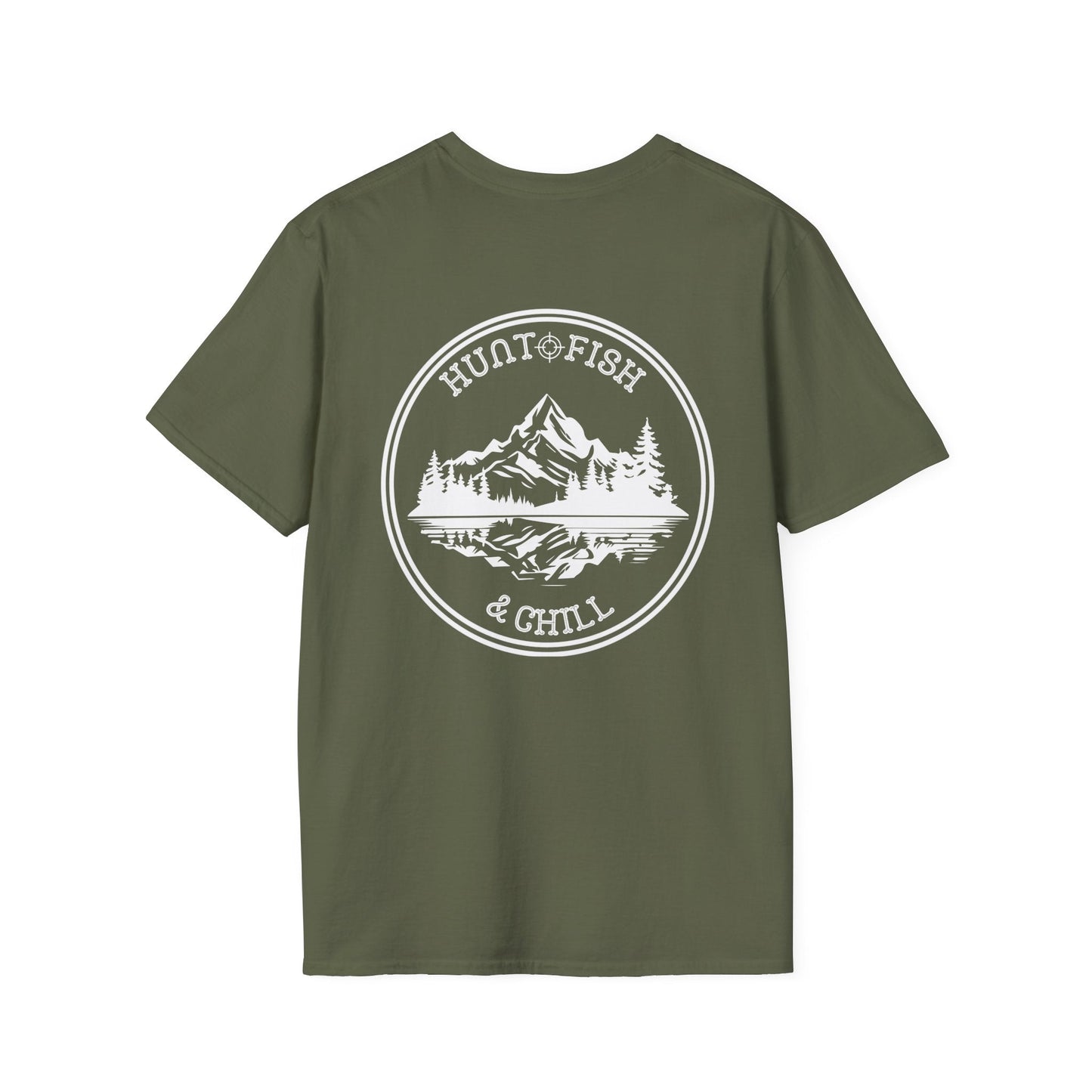 Hunt Fish & Chill T-Shirt White Logo – Premium Outdoors Badge Tee | Camping, Fishing, Hunting Apparel – Military Green T-Shirt for Adventure Clothing (14 view)