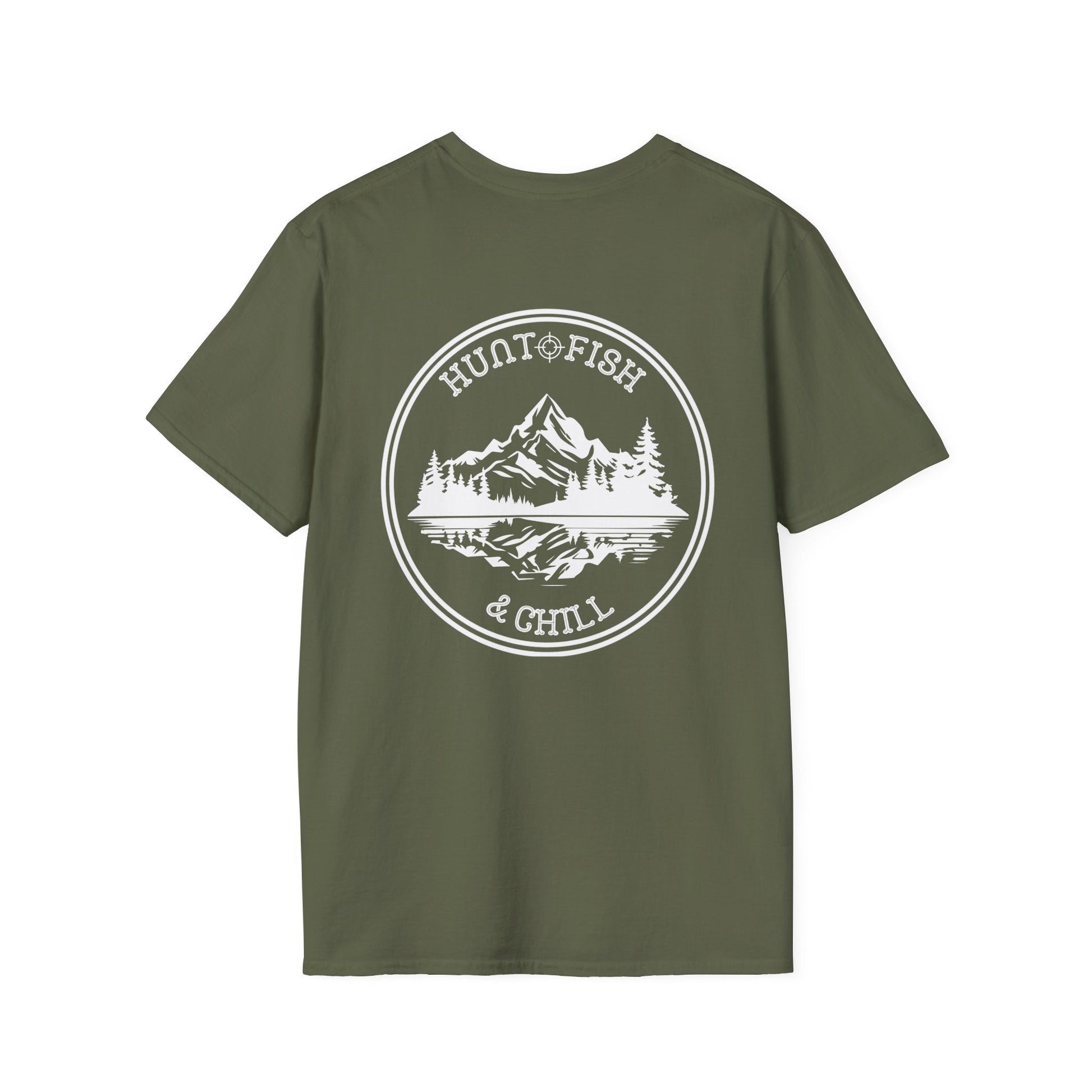Hunt Fish & Chill T-Shirt White Logo – Premium Outdoors Badge Tee | Camping, Fishing, Hunting Apparel – Military Green T-Shirt for Adventure Clothing (14 view)
