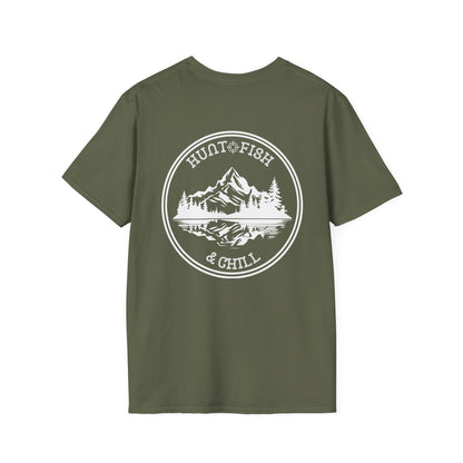 Hunt Fish & Chill T-Shirt White Logo – Premium Outdoors Badge Tee | Camping, Fishing, Hunting Apparel – Military Green T-Shirt for Adventure Clothing (14 view)