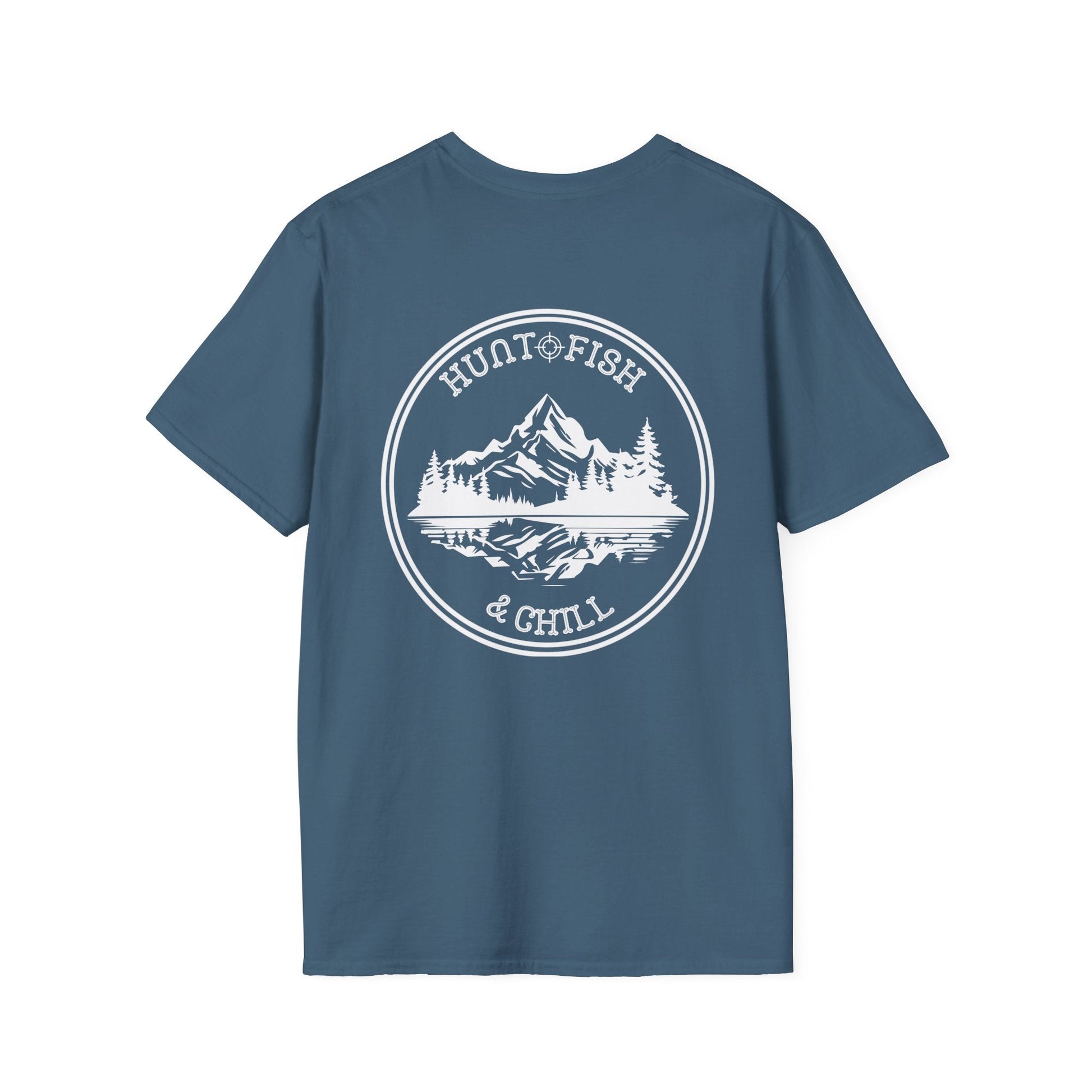 Hunt Fish & Chill T-Shirt White Logo – Premium Outdoors Badge Tee | Camping, Fishing, Hunting Apparel – Indigo Blue T-Shirt for Adventure Clothing (10 view)