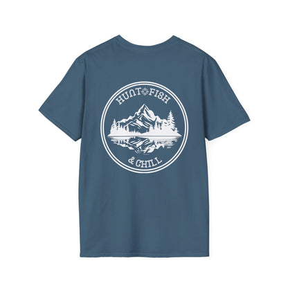 Hunt Fish & Chill T-Shirt White Logo – Premium Outdoors Badge Tee | Camping, Fishing, Hunting Apparel – Indigo Blue T-Shirt for Adventure Clothing (10 view)