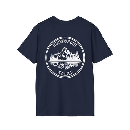 Hunt Fish & Chill T-Shirt White Logo – Premium Outdoors Badge Tee | Camping, Fishing, Hunting Apparel – Navy T-Shirt for Adventure Clothing (46 view)