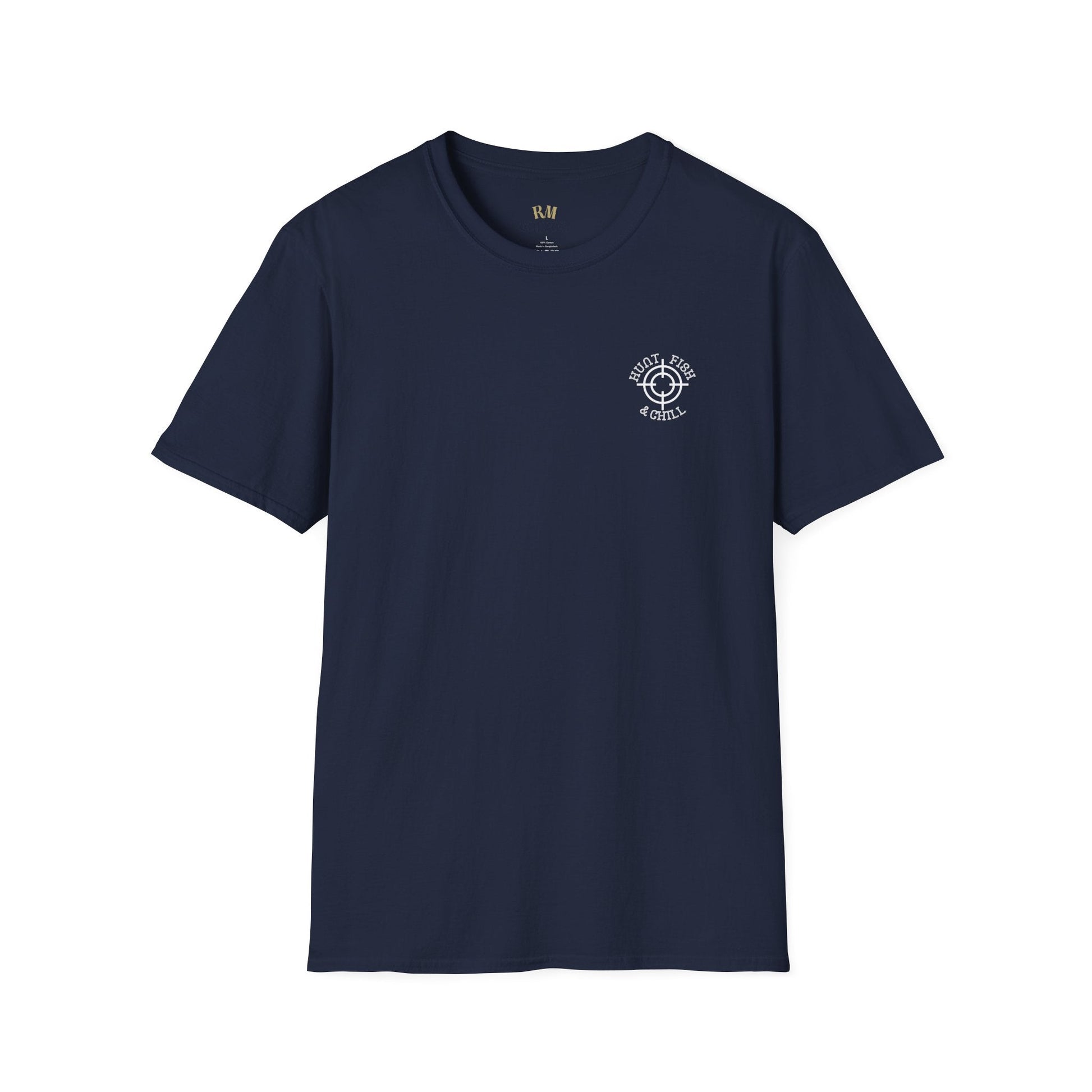Hunt Fish & Chill T-Shirt White Logo – Premium Outdoors Badge Tee | Camping, Fishing, Hunting Apparel – Navy T-Shirt for Adventure Clothing (45 view)