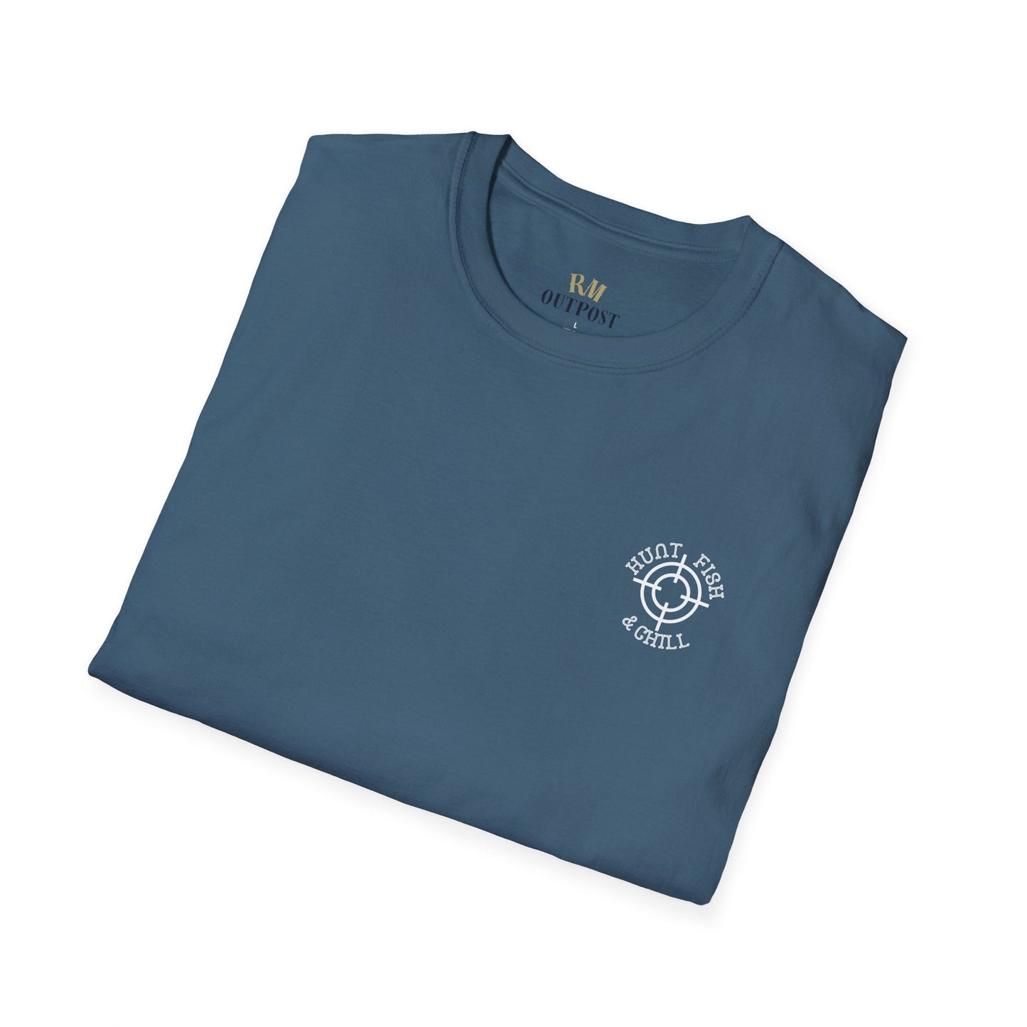 Hunt Fish & Chill T-Shirt White Logo – Premium Outdoors Badge Tee | Camping, Fishing, Hunting Apparel – Indigo Blue T-Shirt for Adventure Clothing (12 view)