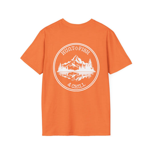 Hunt Fish & Chill T-Shirt White Logo – Premium Outdoors Badge Tee | Camping, Fishing, Hunting Apparel – Heather Orange T-Shirt for Adventure Clothing (2 view)