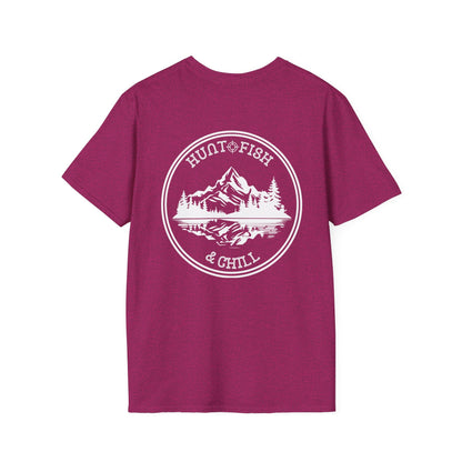 Hunt Fish & Chill T-Shirt White Logo – Premium Outdoors Badge Tee | Camping, Fishing, Hunting Apparel – Antique Heliconia T-Shirt for Adventure Clothing (30 view)
