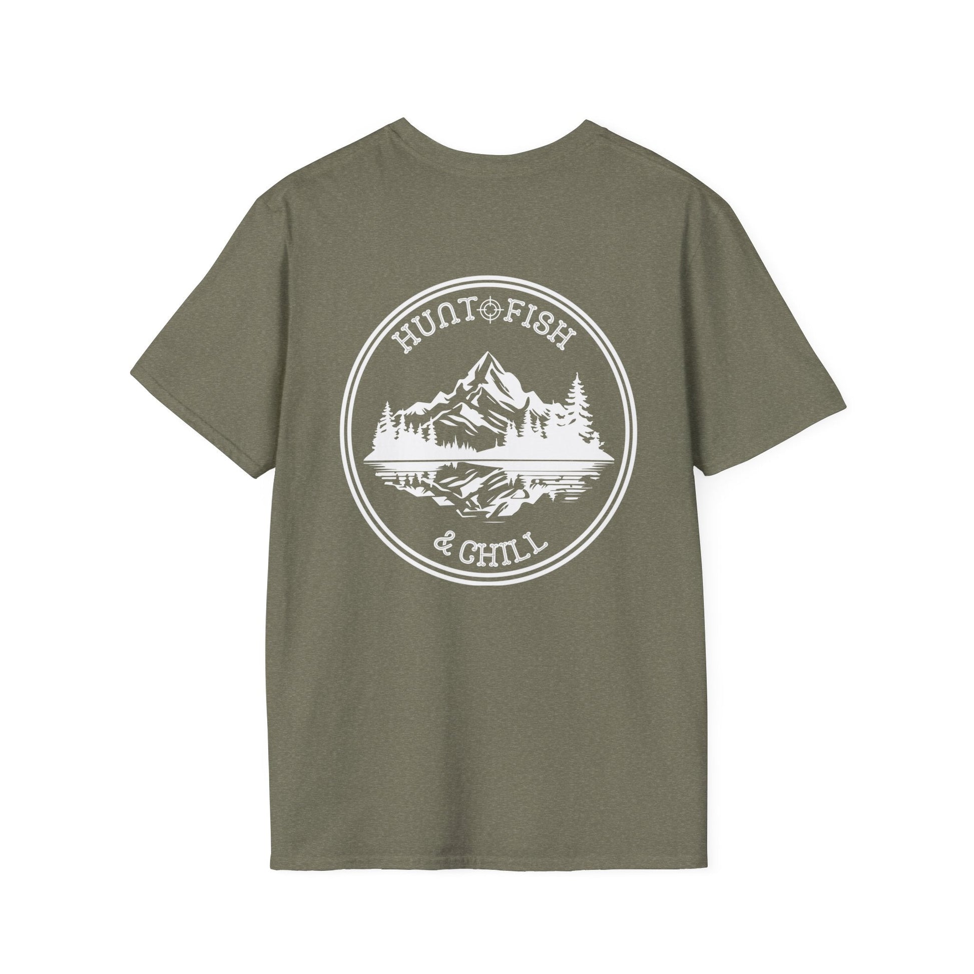 Hunt Fish & Chill T-Shirt White Logo – Premium Outdoors Badge Tee | Camping, Fishing, Hunting Apparel – Heather Military Green T-Shirt for Adventure Clothing (6 view)