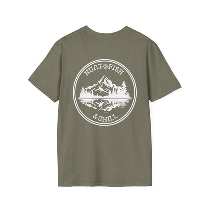 Hunt Fish & Chill T-Shirt White Logo – Premium Outdoors Badge Tee | Camping, Fishing, Hunting Apparel – Heather Military Green T-Shirt for Adventure Clothing (6 view)