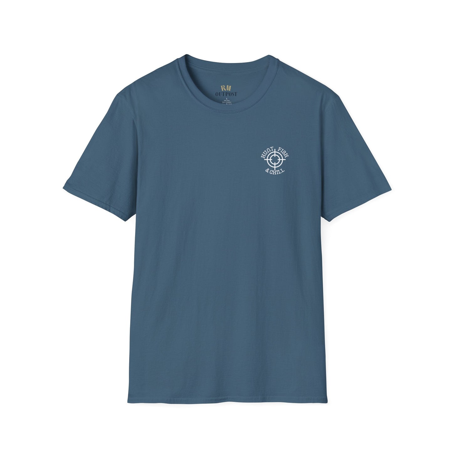 Hunt Fish & Chill T-Shirt White Logo – Premium Outdoors Badge Tee | Camping, Fishing, Hunting Apparel – Indigo Blue T-Shirt for Adventure Clothing (9 view)