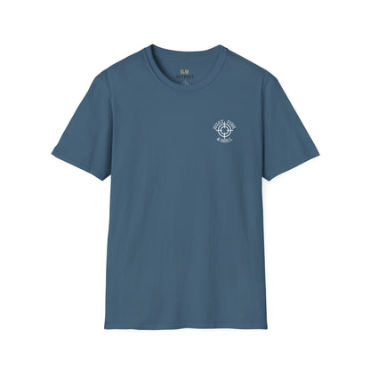 Hunt Fish & Chill T-Shirt White Logo – Premium Outdoors Badge Tee | Camping, Fishing, Hunting Apparel – Indigo Blue T-Shirt for Adventure Clothing (9 view)