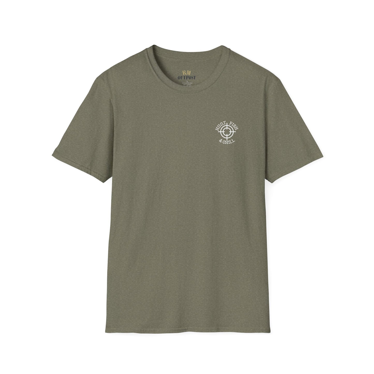 Hunt Fish & Chill T-Shirt White Logo – Premium Outdoors Badge Tee | Camping, Fishing, Hunting Apparel – Heather Military Green T-Shirt for Adventure Clothing (5 view)