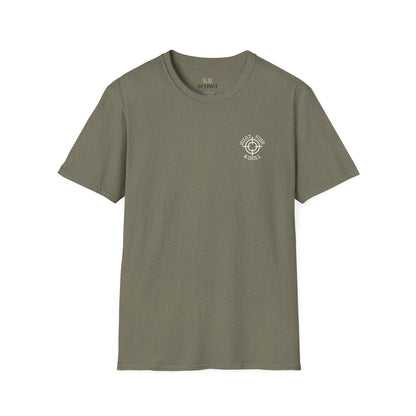 Hunt Fish & Chill T-Shirt White Logo – Premium Outdoors Badge Tee | Camping, Fishing, Hunting Apparel – Heather Military Green T-Shirt for Adventure Clothing (5 view)