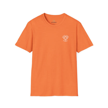 Hunt Fish & Chill T-Shirt White Logo – Premium Outdoors Badge Tee | Camping, Fishing, Hunting Apparel – Heather Orange T-Shirt for Adventure Clothing (1 view)