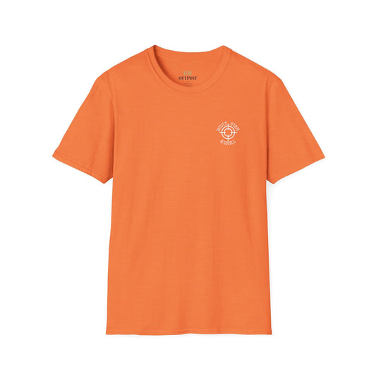 Hunt Fish & Chill T-Shirt White Logo – Premium Outdoors Badge Tee | Camping, Fishing, Hunting Apparel – Heather Orange T-Shirt for Adventure Clothing (1 view)