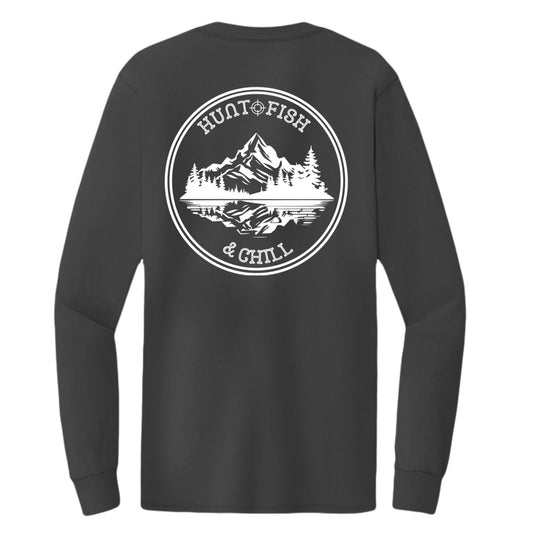 Hunt Fish Chill Tall Long Sleeve Tee – Back Design Outdoor Shirt | Big & Tall Fishing & Hunting Apparel – Jet Black T-Shirt for Apparel (1 view)