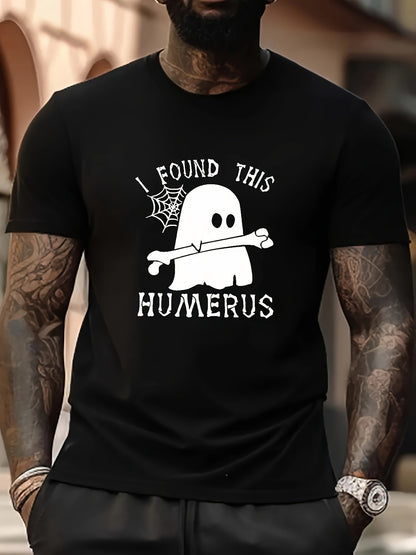 "I Found This Humerus" Ghost T-Shirt – Funny Halloween Tee for Men | Plus Size Retro Style – Black Mens Top for funny halloween (4 view)